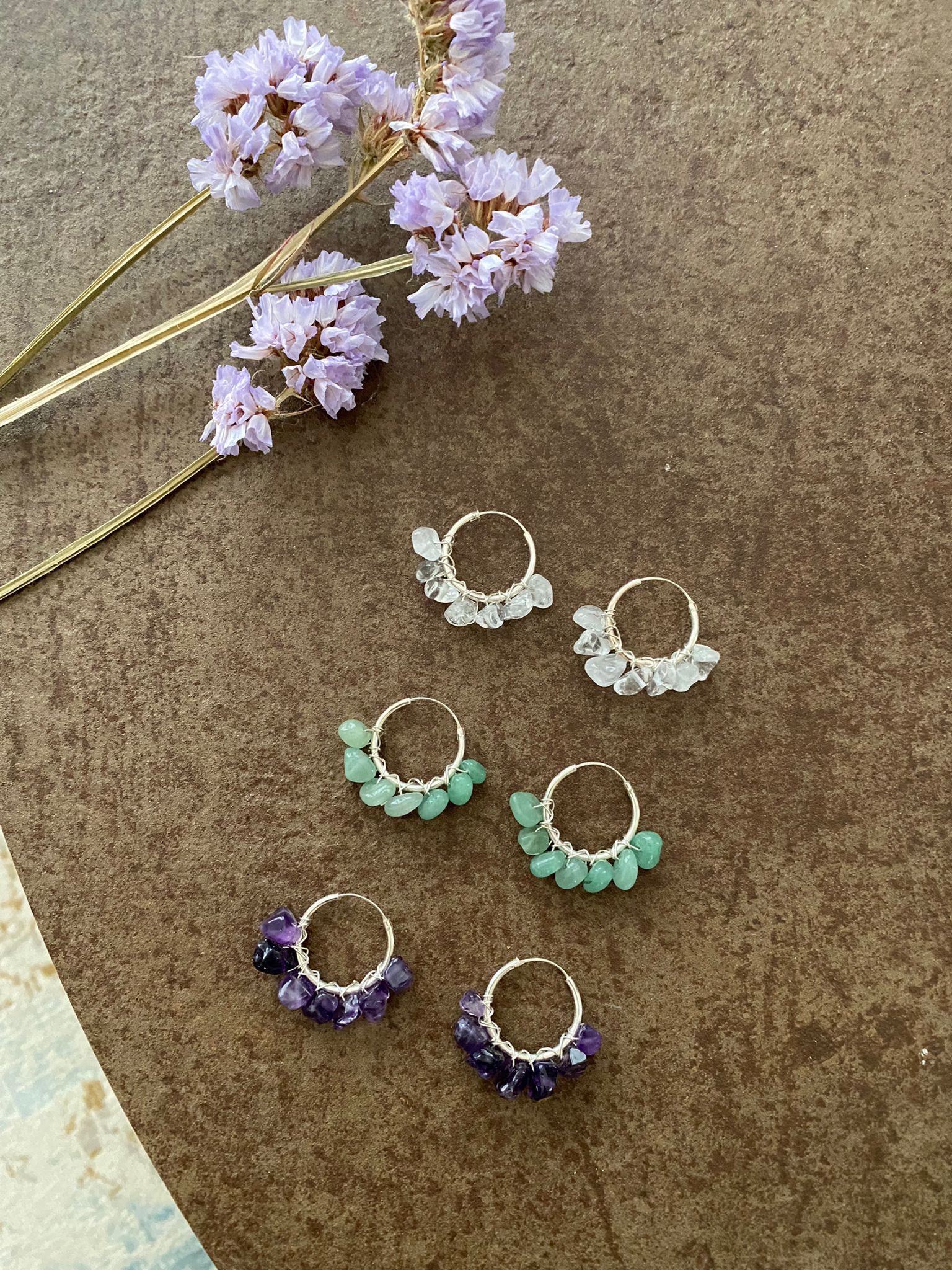 Gemstone earrings, amethyst, aventurine and rock crystal